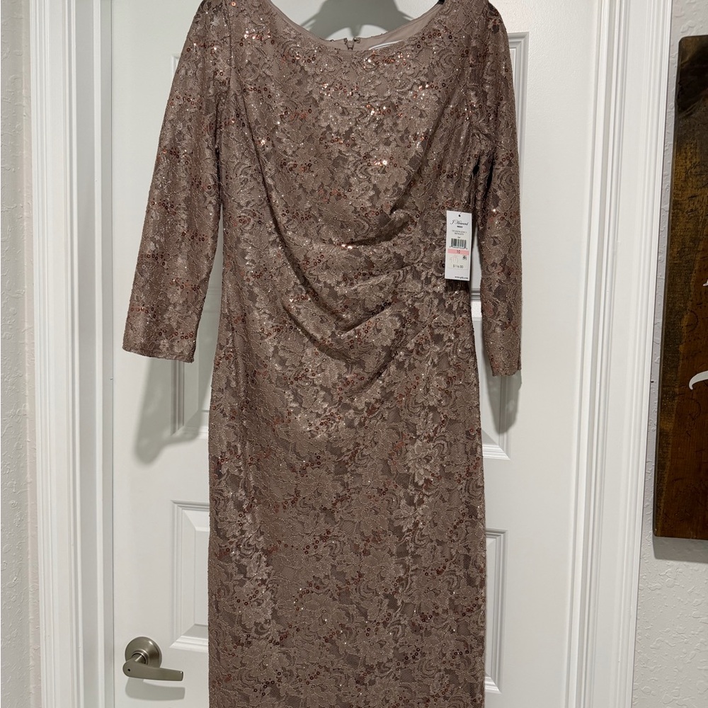 Sequin-Embellished Taupe Lace Midi Dress with Draped Front